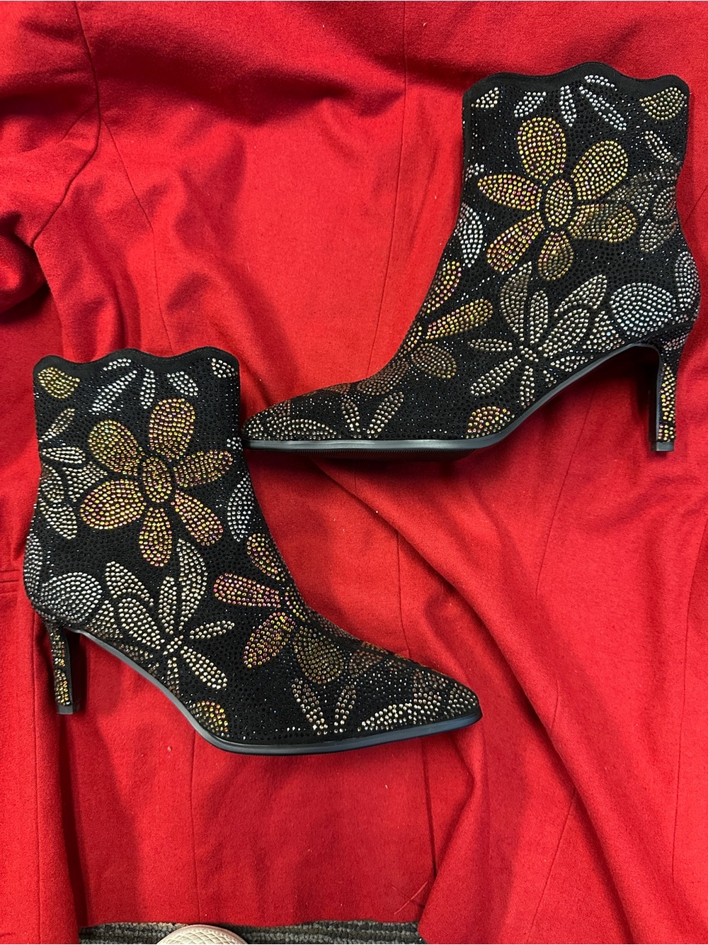 Black Floral Crystal-Embellished Ankle Booties